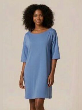For Cynthia Blue 3/4 Knee Length Sleeve Boat Neck Knit Shift Dress L